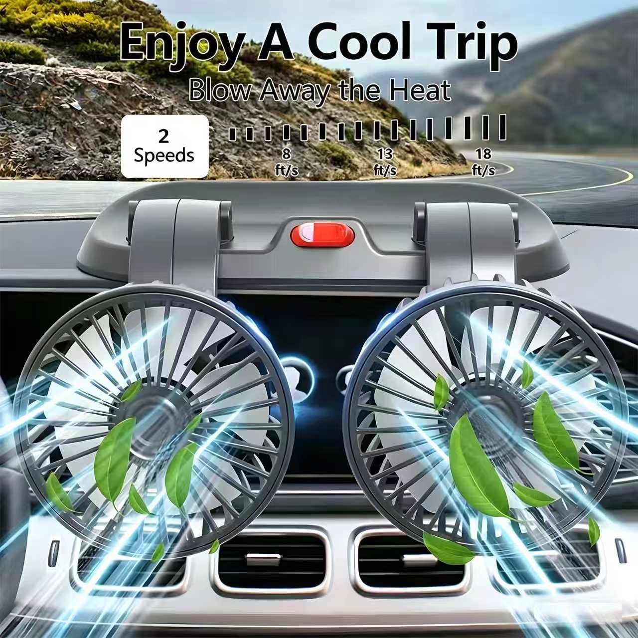 Dual Head Car Fan 5V USB Powered - 360° Rotatable Dashboard Cooling Air Circulator with 3 Speeds - Strong Wind Electric Fan for Car SUV RV Truck - Quiet Vehicle Fan for Front/Rear (USB-5V-Dual)