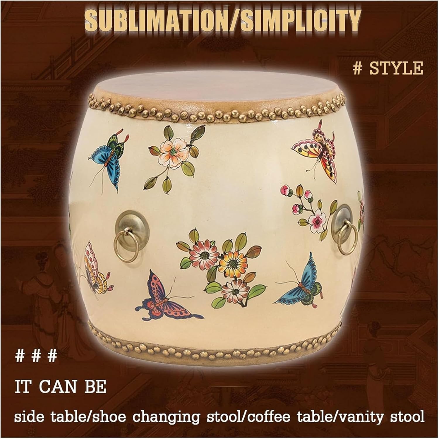 Drum Stool,Decorative Garden Stools,for Indoor Outdoor,Glazed Hand Painted Drum Stool,for Living Room(G)
