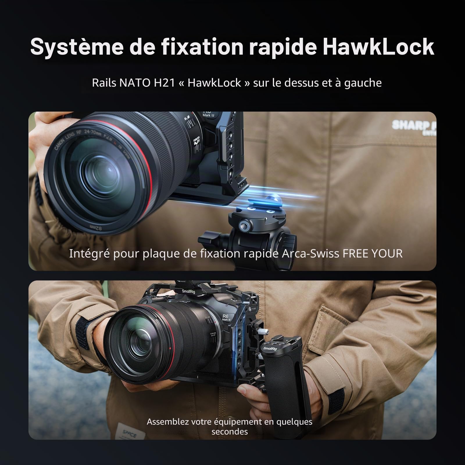 SMALLRIG R6 Mark III Kit Cage pour Canon R6 Mark II avec Poignée Supérieure, Poignée Latérale et Serre-Câble, Rails NATO Doubles HawkLock, Plaque Rapide pour Arca - 5956