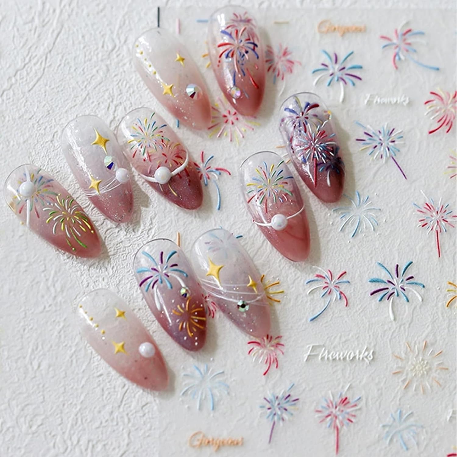 Independence Day Colorful Fireworks Nail Stickers 5D Self-Adhesive Embossed Red Blue White Firework Nail Decals 4th of July Nail Art Stickers Patriotic Firework Designs for Memorial Day DIY Nail Decor image 3