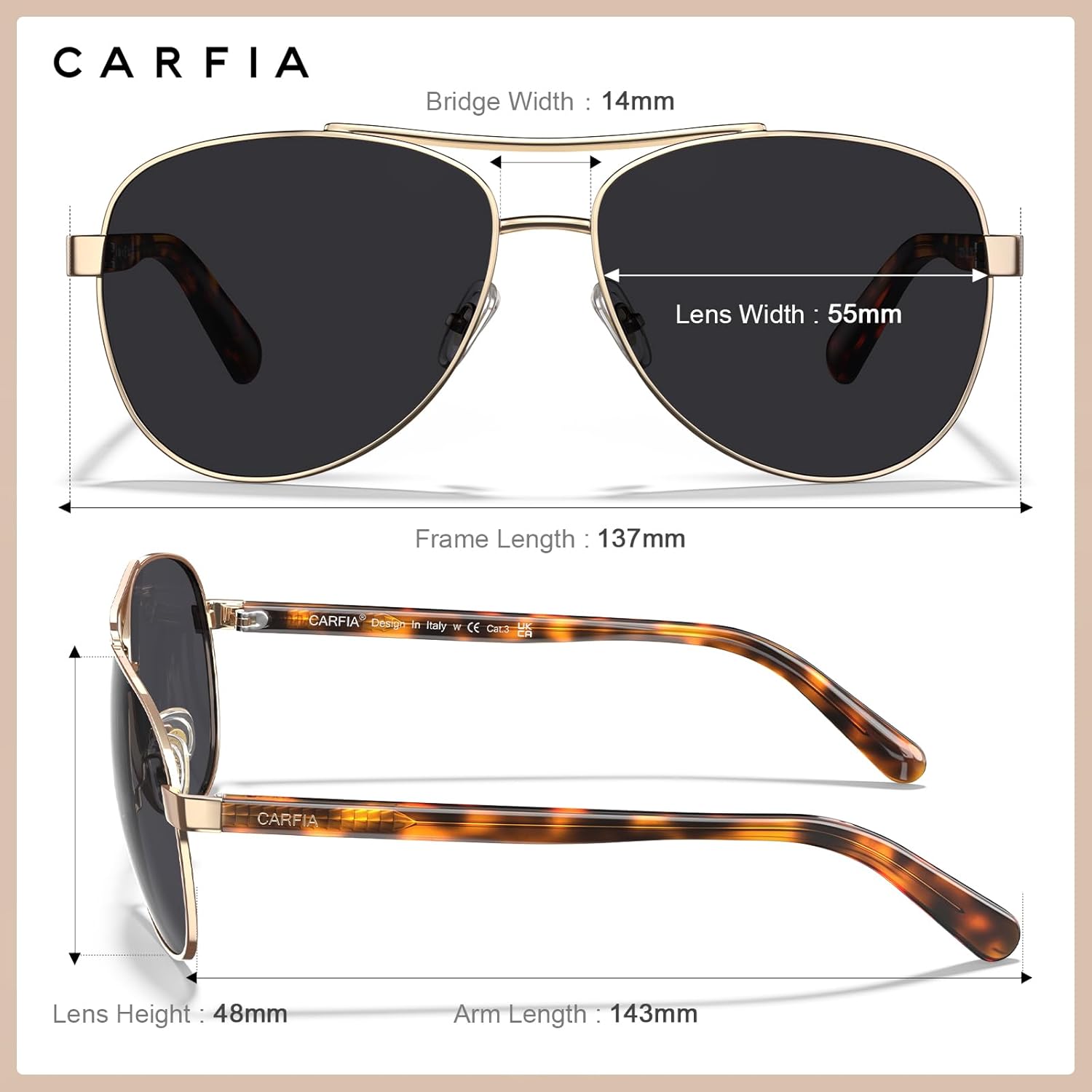 CARFIA Polarized Sunglasses for Women – Acetate Arms, UV400, Lightweight & Flattering Fit CA3216