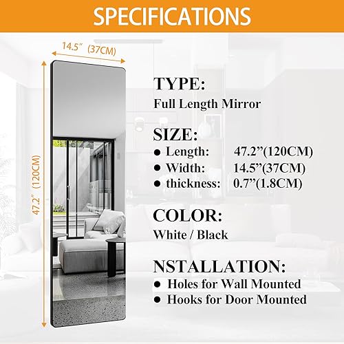 Miniatura 4 de Espejo de pared de 47.2 x 14.5 pulgadas, para colgar sobre la puerta, espejo de pared horizontalvertical, espejo de tocador de tamaño completo