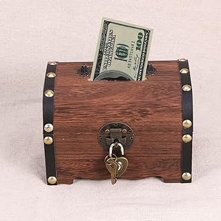 Alipis Wooden Piggy Bank, Vintage Treasure Chest Storage Box with Lock and Keys, Decorative Small Money Saving Box Retro Home Decor Party Gifts for Kids Adults (Brown)