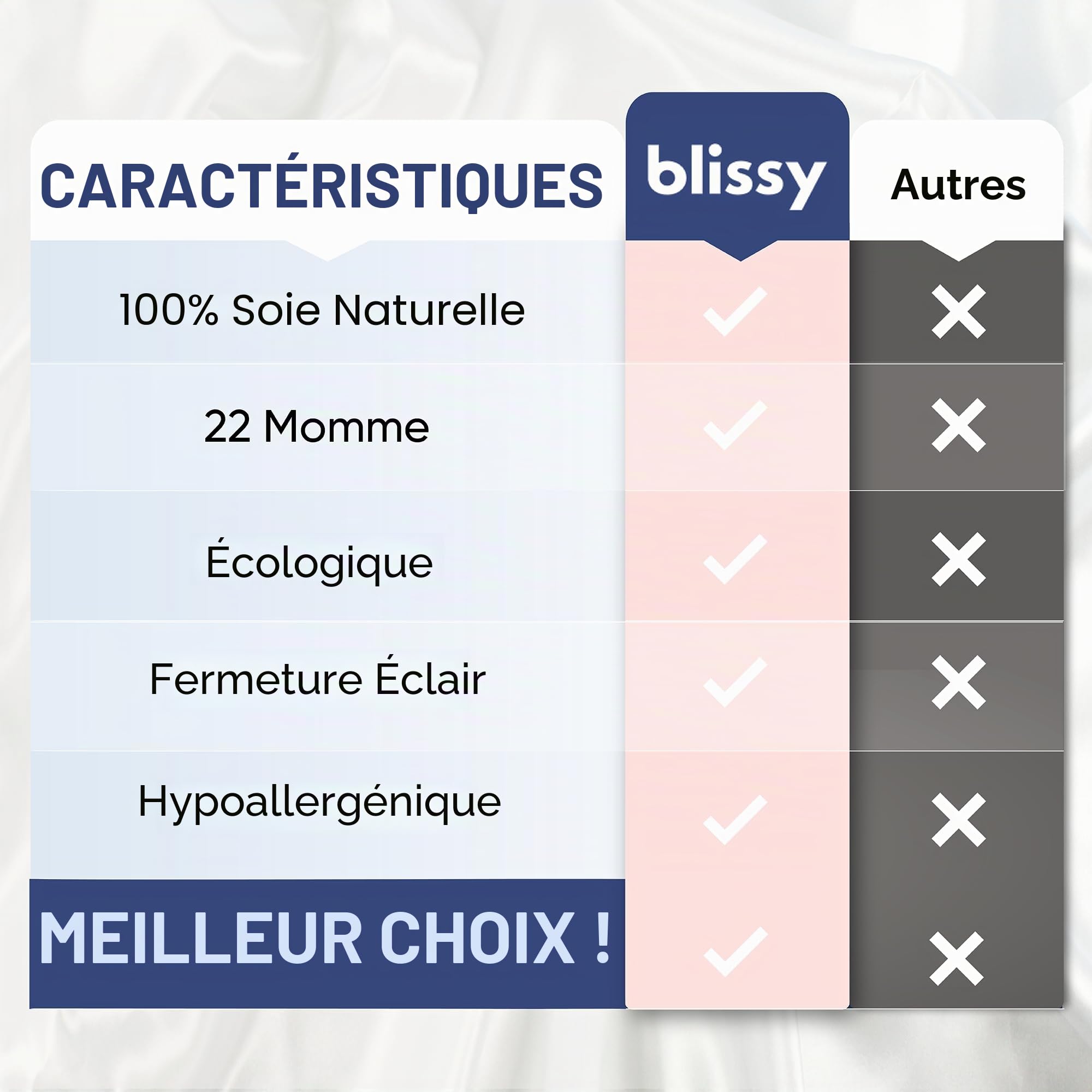 BLISSY Taie d'oreiller en Soie 100% Pure Soie de mûrier 22 mommes 6A – Taie d'oreiller en Satin de qualité supérieure pour Cheveux et Peau – Taille Standard – Fermeture éclair dissimulée – Évacuation