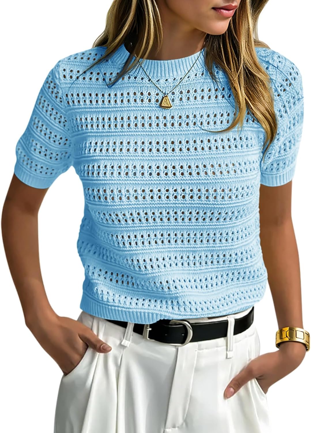 Saodimallsu Womens Short Sleeve Crochet Sweaters Crew Neck Loose Casual Knit Summer Boho Pullover Top Tshirts