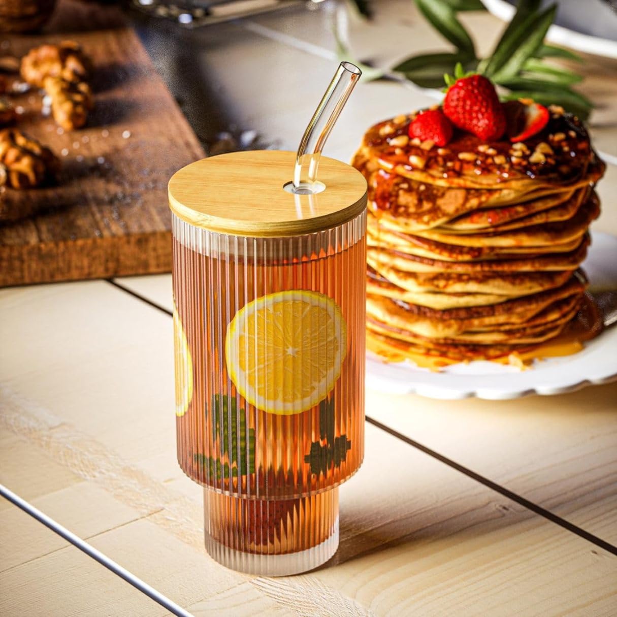 SKDBPM Ribbed Glass Coffee Sipper With Wooden Lid And Straw Pack Of 1,Multipurpose Drinking Tumbler For Juice Soda Smoothies Cocktail Home&Travel Mugs (1),?400 ML (B0D14L8BLS) Amazon Price History, Amazon Price Tracker