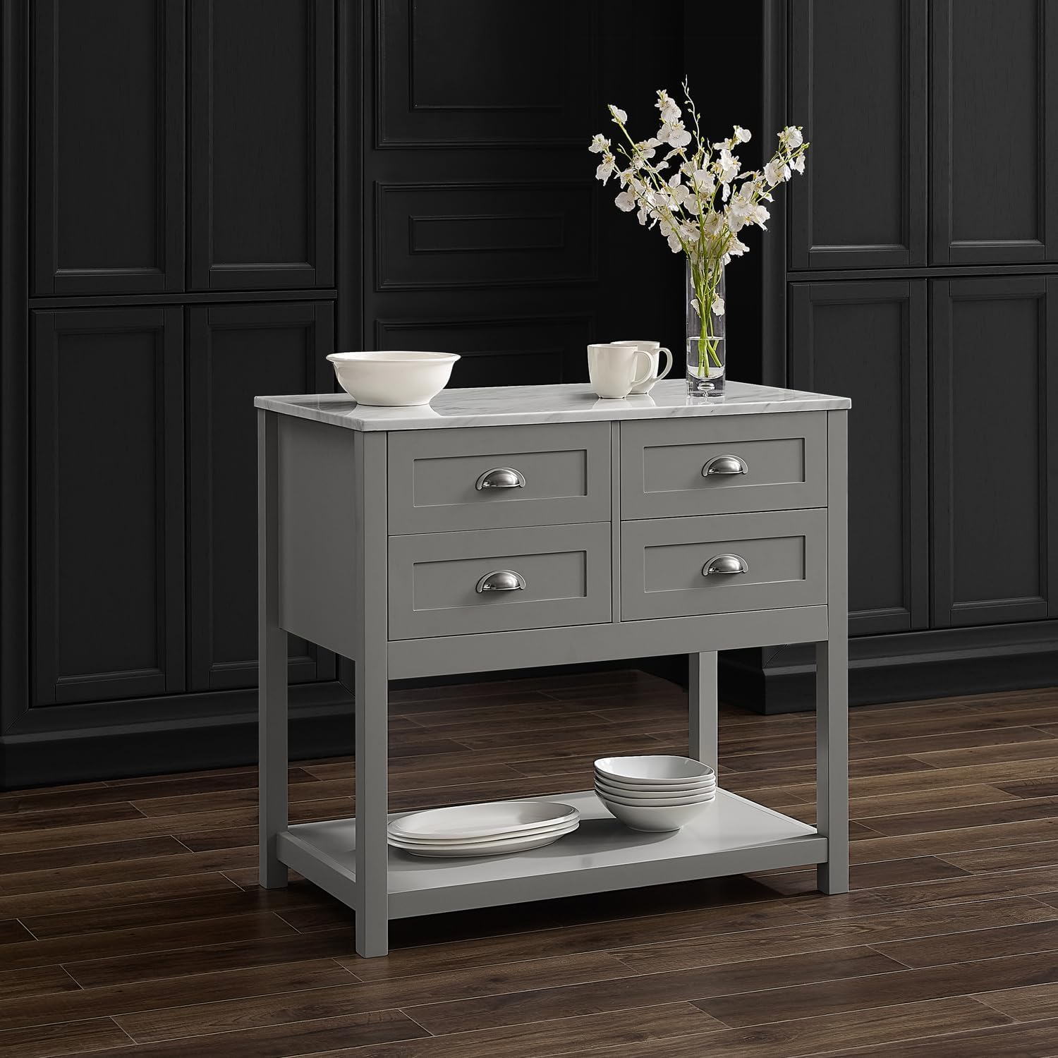 HomeStock Kitchen Island with Drawers & Marble Top - Portable Kitchen Cart