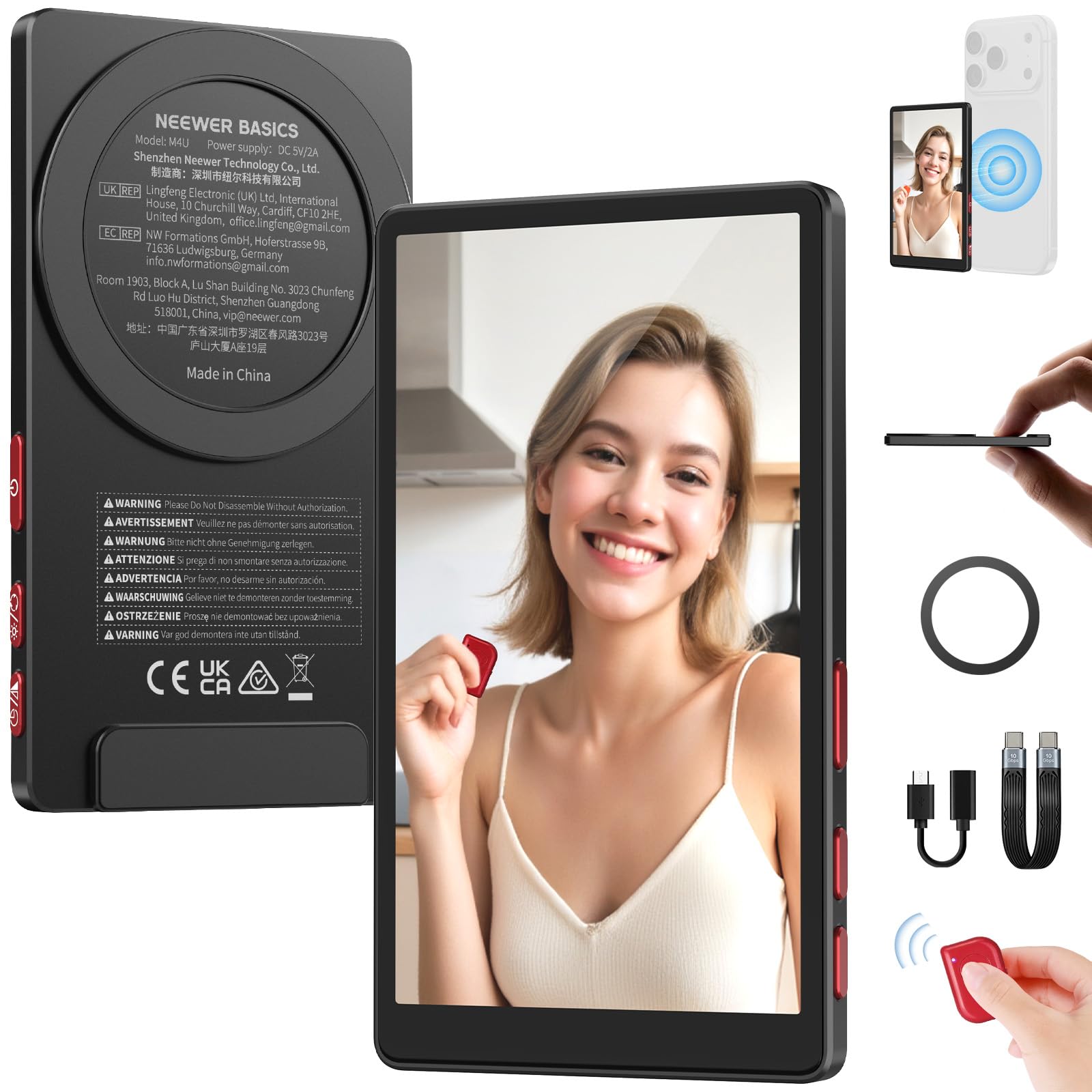 NEEWER BASICS 4" Vlog Selfie Monitor Schermo Magnetico Ultra Sottile per Fotocamera Posteriore, 600nits/Remote per Streaming Riprese Cablata 4K 120fps, Solo Compatibile con iPhone Serie 17 16 15, M4U