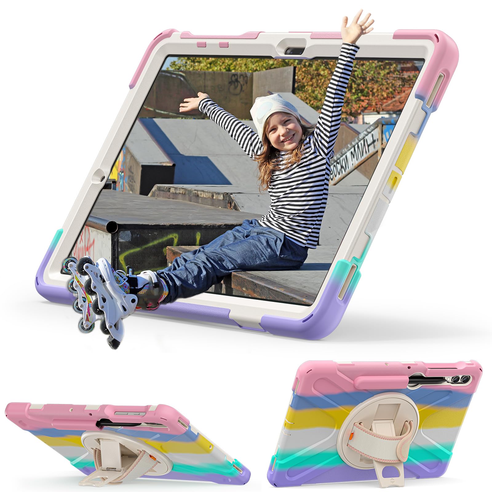 Étui robuste compatible avec Samsung Galaxy Tab S10+ Plus/S9 FE+ Plus 12,4" (SM-X826/X610) - Étui en silicone avec porte-stylo S - Support - Poignée - Bandoulière (Rose C)