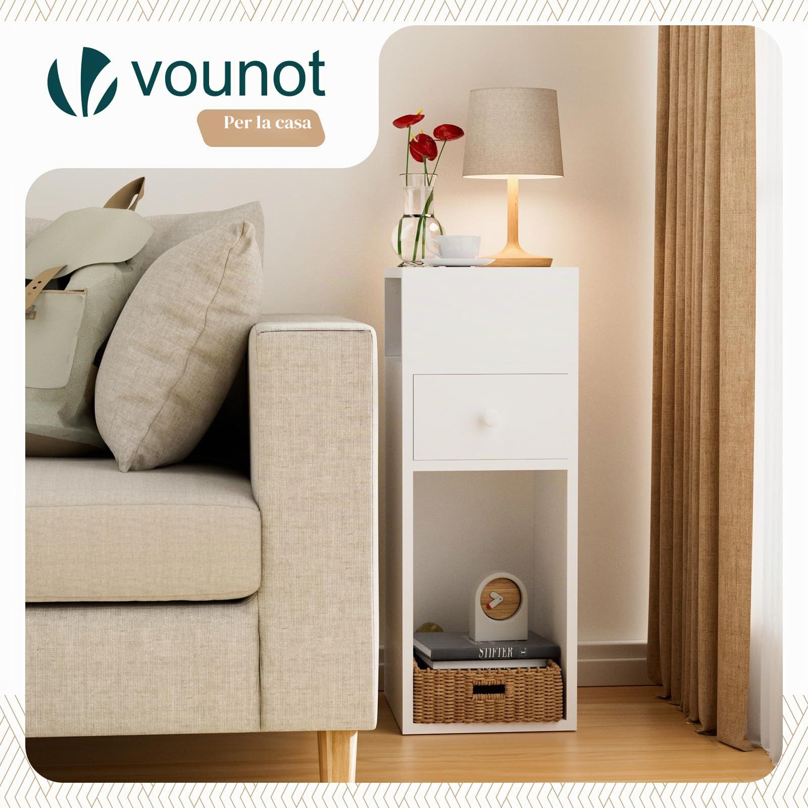 VOUNOT® Set di 2 Comodini Stretti con Cassetto e 2 Scomparti Aperti, Tavolino Comodino Salvaspazio, Design Moderno per Camera da Letto e Soggiorno, 25x30x66 cm, Bianco
