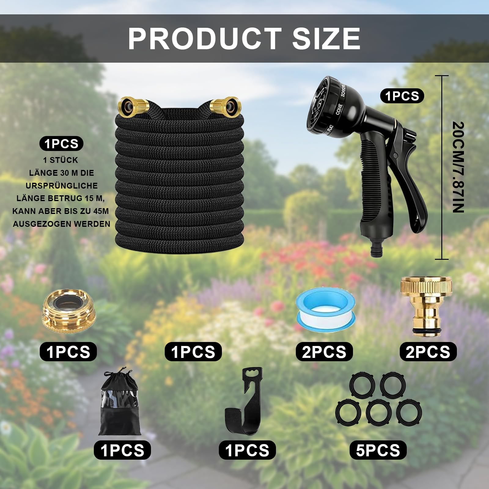 45M Flexibler Gartenschlauch 8 Sprühfunktionen 1/2" und 3/4" Zoll | Messinganschlüssen mit Ersatzköpfe Tasche Wandhalterung Wasserdichtes Klebeband für Gartenarbeit Autowäsche Waschen Gießen