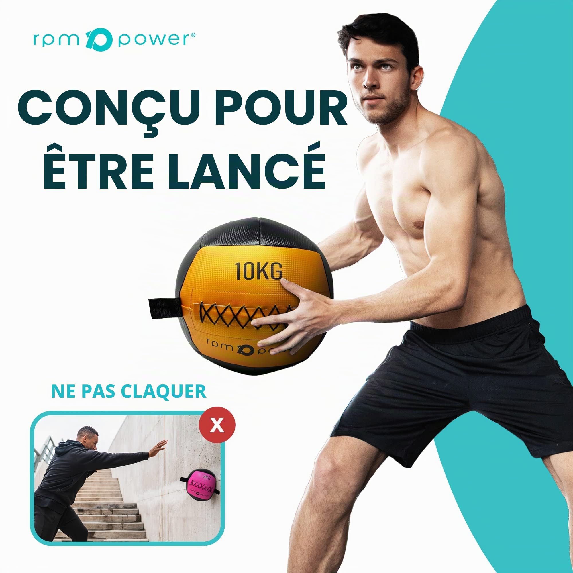 RPM Power Wall Ball – Médecine ball souple / médecine ball mural pour entraînement complet du corps et exercices de force (2 kg – 10 kg)