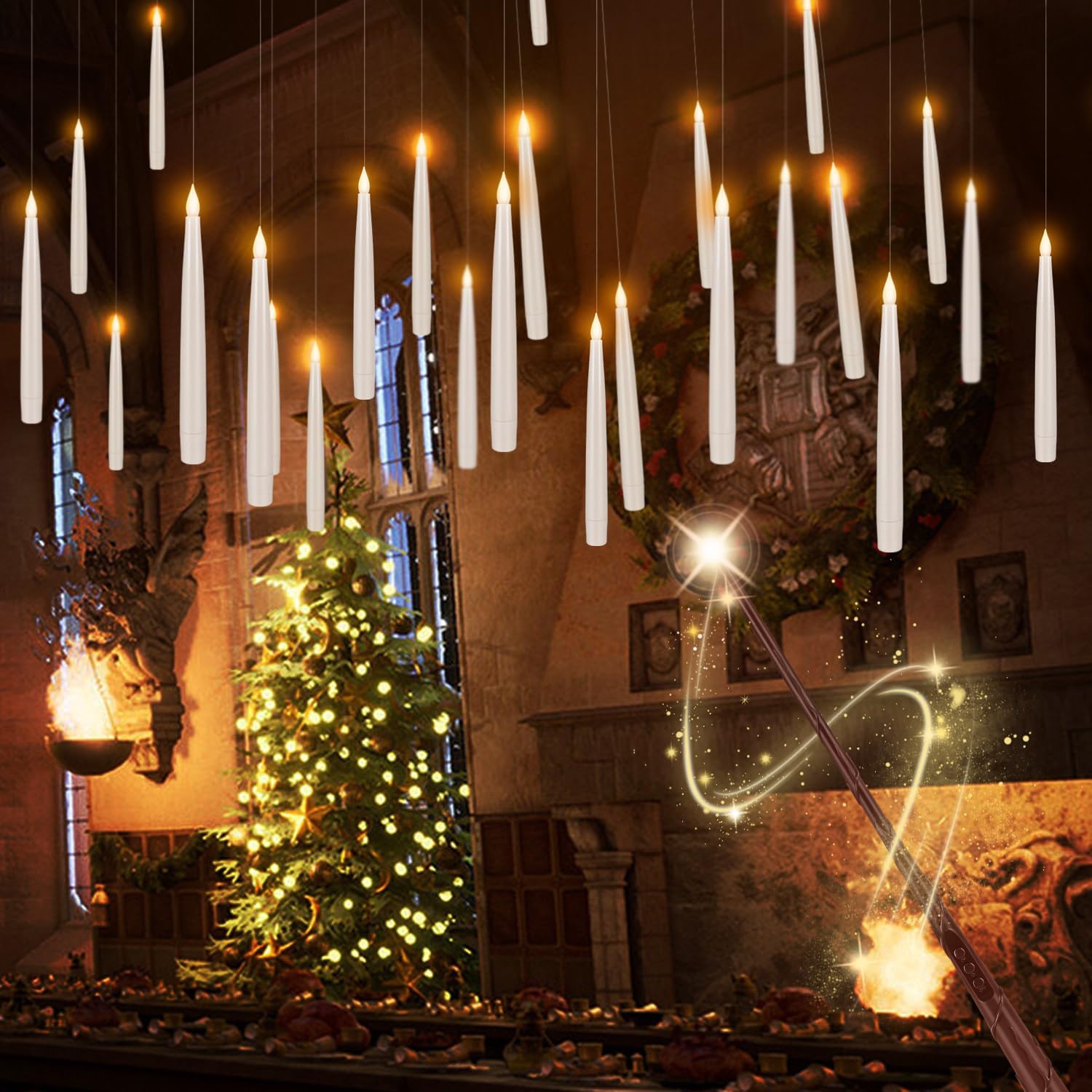 fclayvts 24 velas flotantes con control remoto de varita, vela cónica mágica colgante con cuerda, vela cónica parpadeante que funciona con pilas con control remoto de varita para decoraciones de