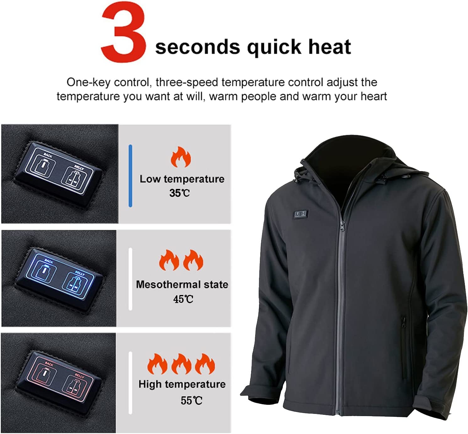 Podgrzewana kurtka USB dla mężczyzn Kurtka narciarska Kurtka zimowa z podwójną niezależną regulacją temperatury (Color : Czarny, Size : 4XL-4XLarge)
