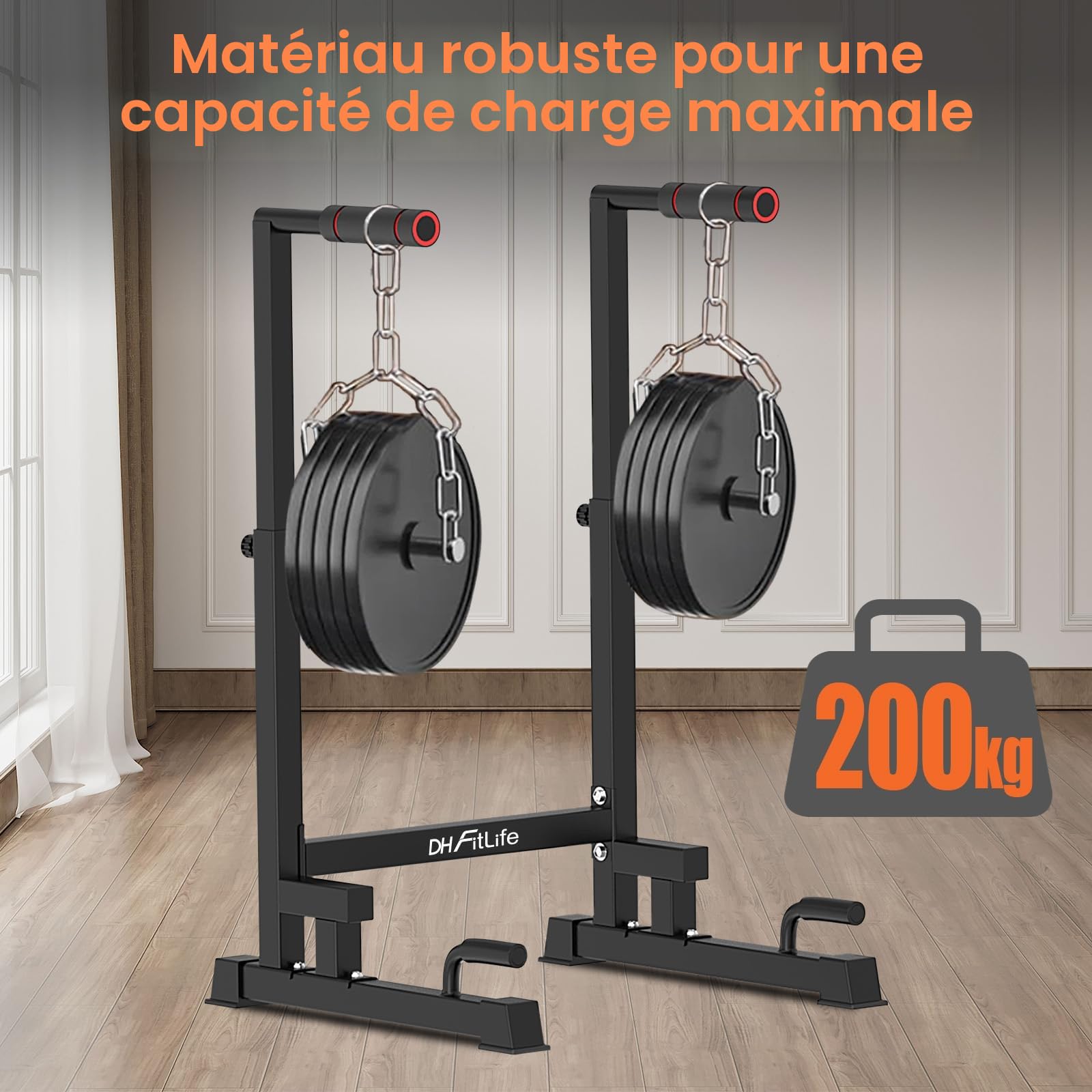 DH FitLife Barres de Dips | Station de Dips Hauteur Réglable (100-130 cm, 9 Niveaux) | Parallettes Musculation & Calisthenics | Appareil de Fitness pour la Maison