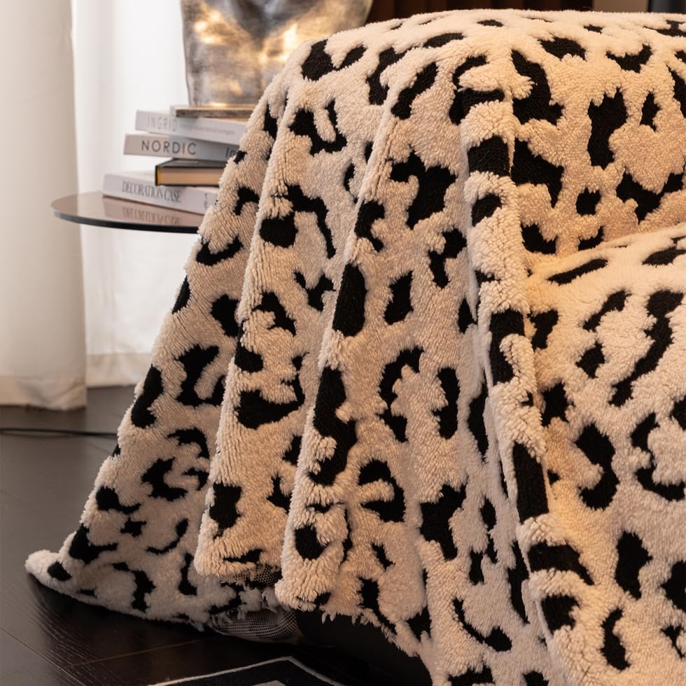 ROOMLIFE Leopard Print Faux Fur Sofa Cover for 3-Cushion Couch, Washable Furniture Protector, Fluffy Slipcover for Dogs Pets, Ultra Soft Universal Couch Cover, Couch Throw Blankets 71"x150"