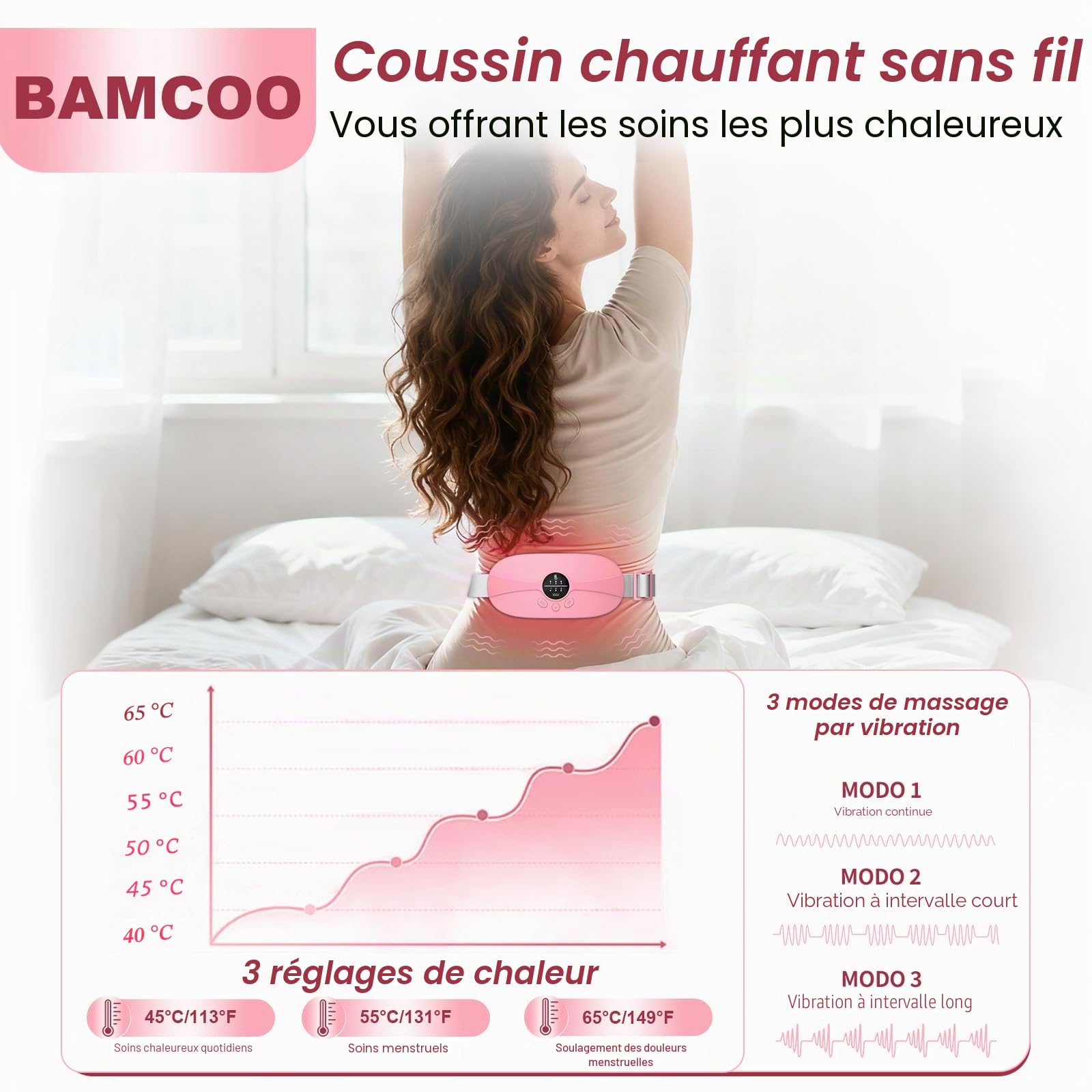 Coussin chauffant portable - Ceinture chauffante pour périodes avec 3 températures réglables et modes de vibration - Soulagement des douleurs au dos, au ventre et à l'estomac (rose)