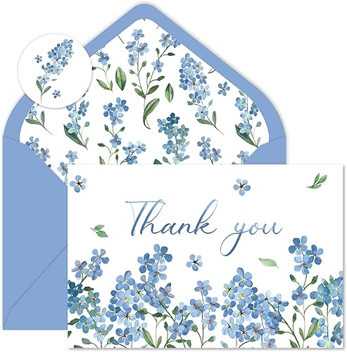 Whaline Paquete de 24 tarjetas de agradecimiento florales de acuarela a granel Forger-Me-Not Myosotis Sylvatica Flower Tarjetas de felicitación con