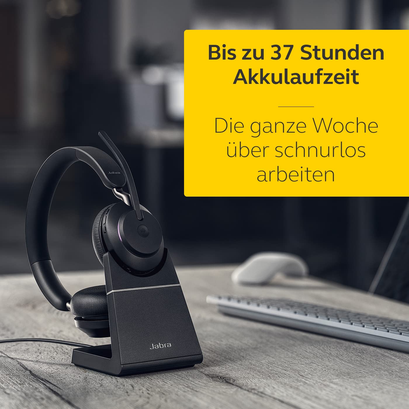 Jabra Evolve2 65 Wireless PC Headset with Charging Stand – Noise Cancelling UC Certified Stereo Headphones with Long-Lasting Battery – USB-A Bluetooth Adapter – Black