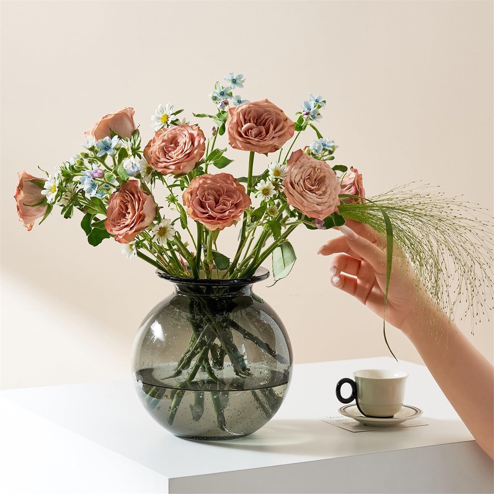 Vasi di Fiori Vaso Moderno in Vetro Grigio con Bolle d'Aria
