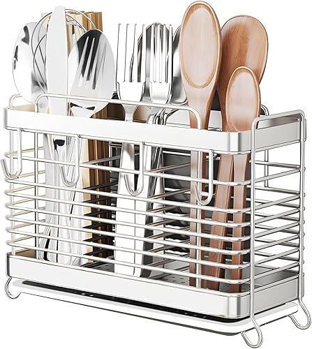 Soporte para utensilios, escurridor de utensilios de acero inoxidable con bandeja de drenaje, cesta escurridor de encimera de cocina, cubiertos,