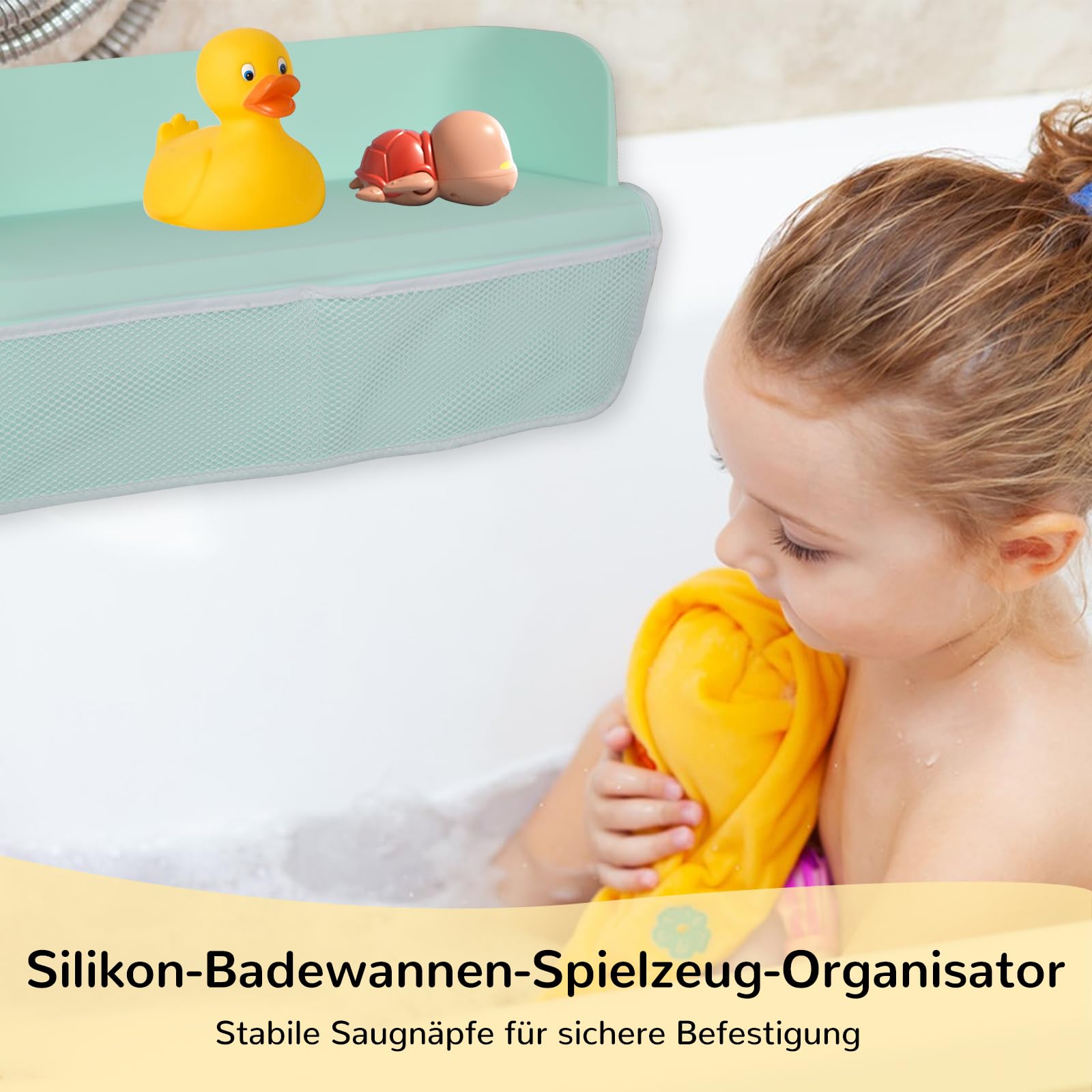 Badewanne Spritzschutz mit Badewannenspielzeug Aufbewahrungstasche, Silikon Kinder Spielzeug Badewannenablage, Saugnäpfe Organizer Badezimmertablett, Badewannenbrett mit Badespielzeug Aufbewahrung (A)