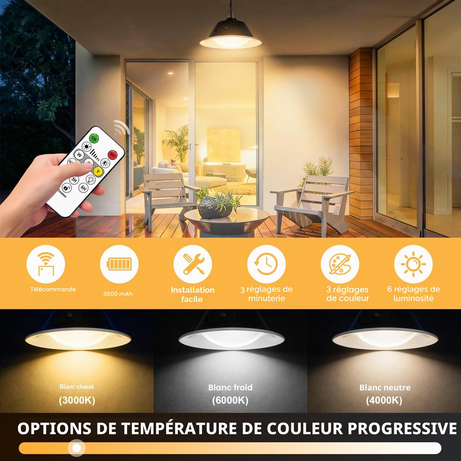 Lampe Solaire Extérieur Suspendue, 3 Températures de Couleur et 6 Niveaux de Luminosité avec Télécommande, Câble 5 Mètres pour Jardin Balcon Terrasse Garage Intérieur et Extérieur