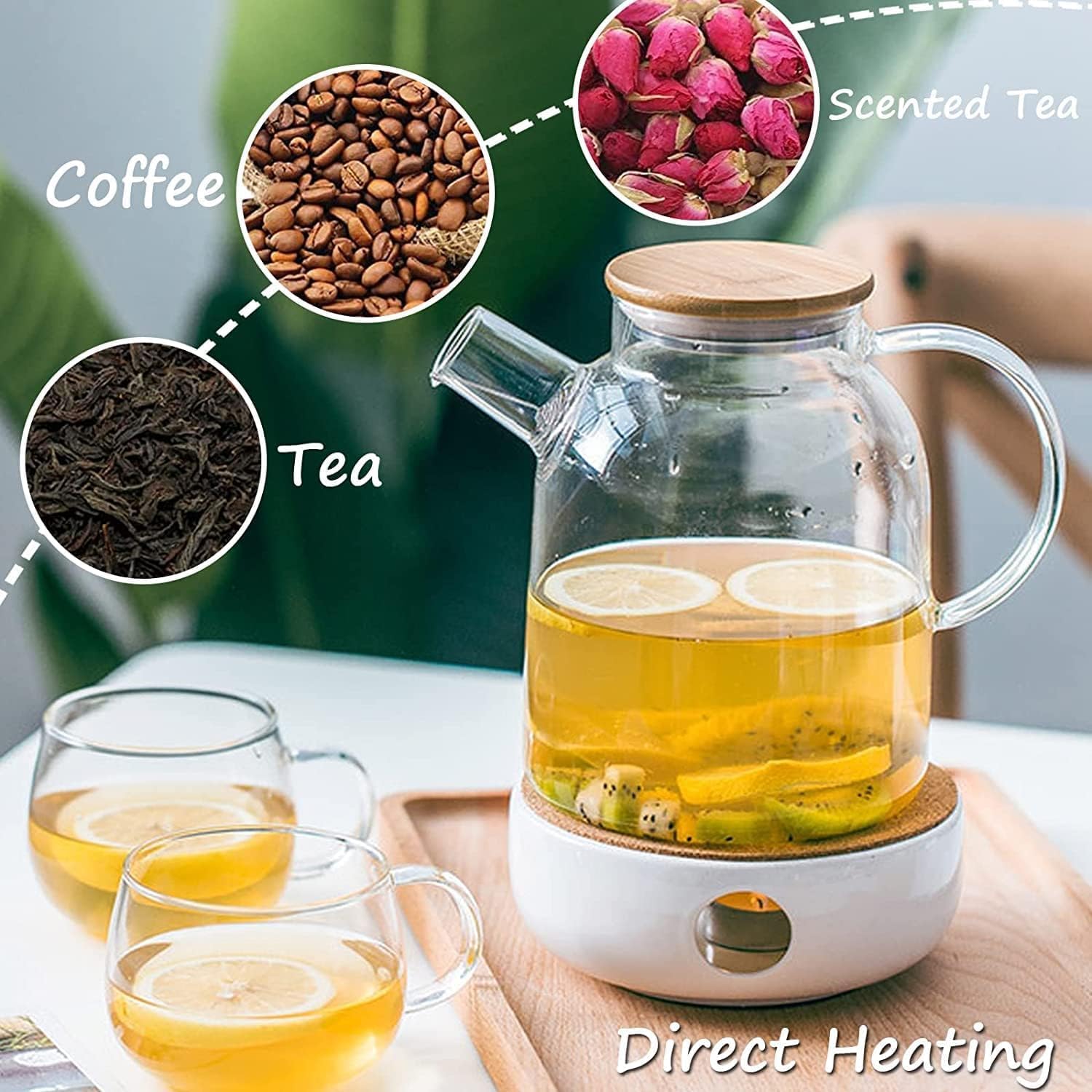 Jinelza Glass Teapot with Wooden Bamboo Lid Stove-Top Glass Kettle Heat-Resistant Borosilicate Pitcher Carafe No-Dripping Stovetop Safe Glass Tea Kettle Pot Serving Jar 1800ML - 1 Pcs 2