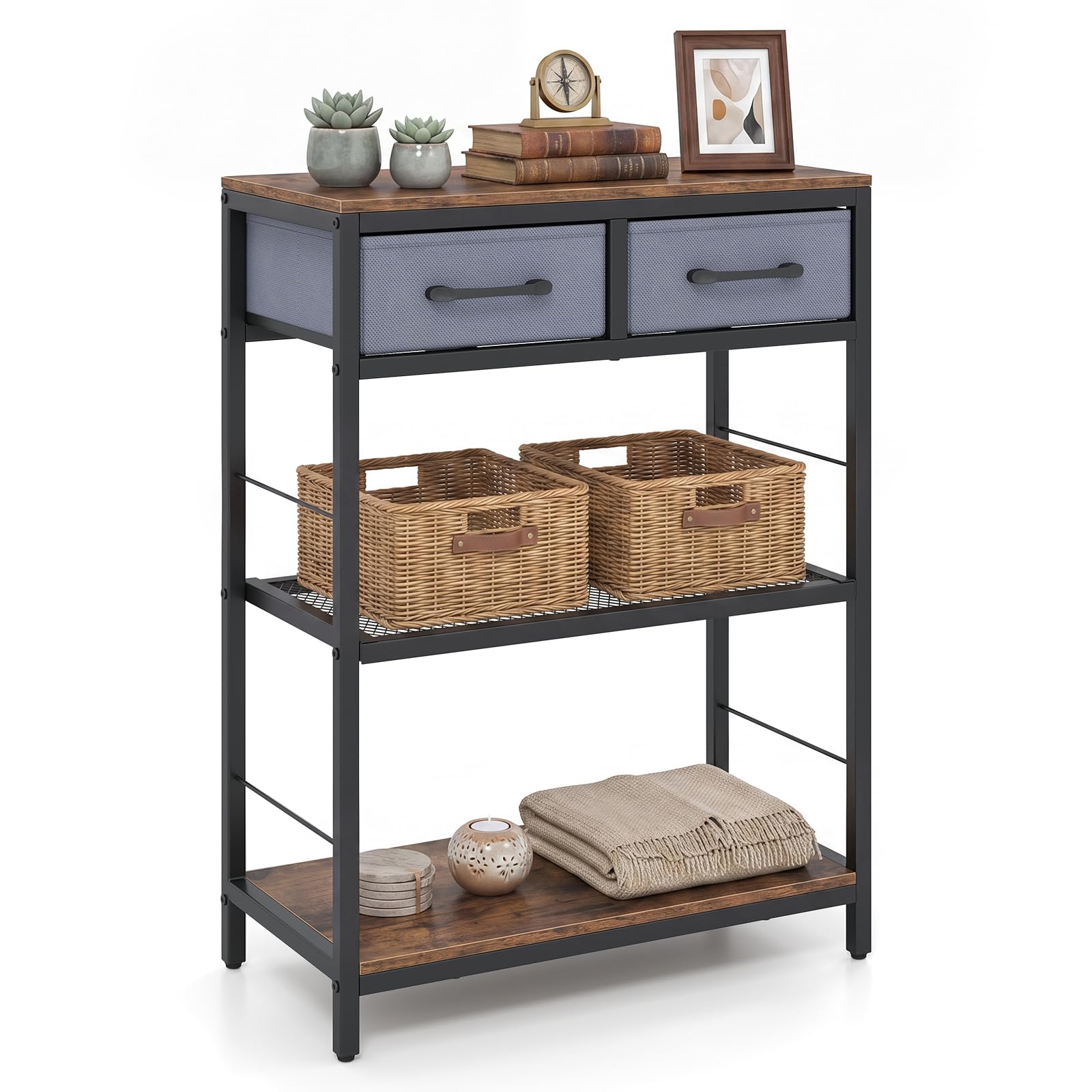 COSTWAY Mesa Consola Estrecha, Consola Recibidor con 2 Cajones de Tela y 2 Estantes Abiertos de Almacenaje, Estructura de Metal, Mesa de Entrada Rústica para Salón Pasillo, 60 x 30 x 81 cm (Marrón)