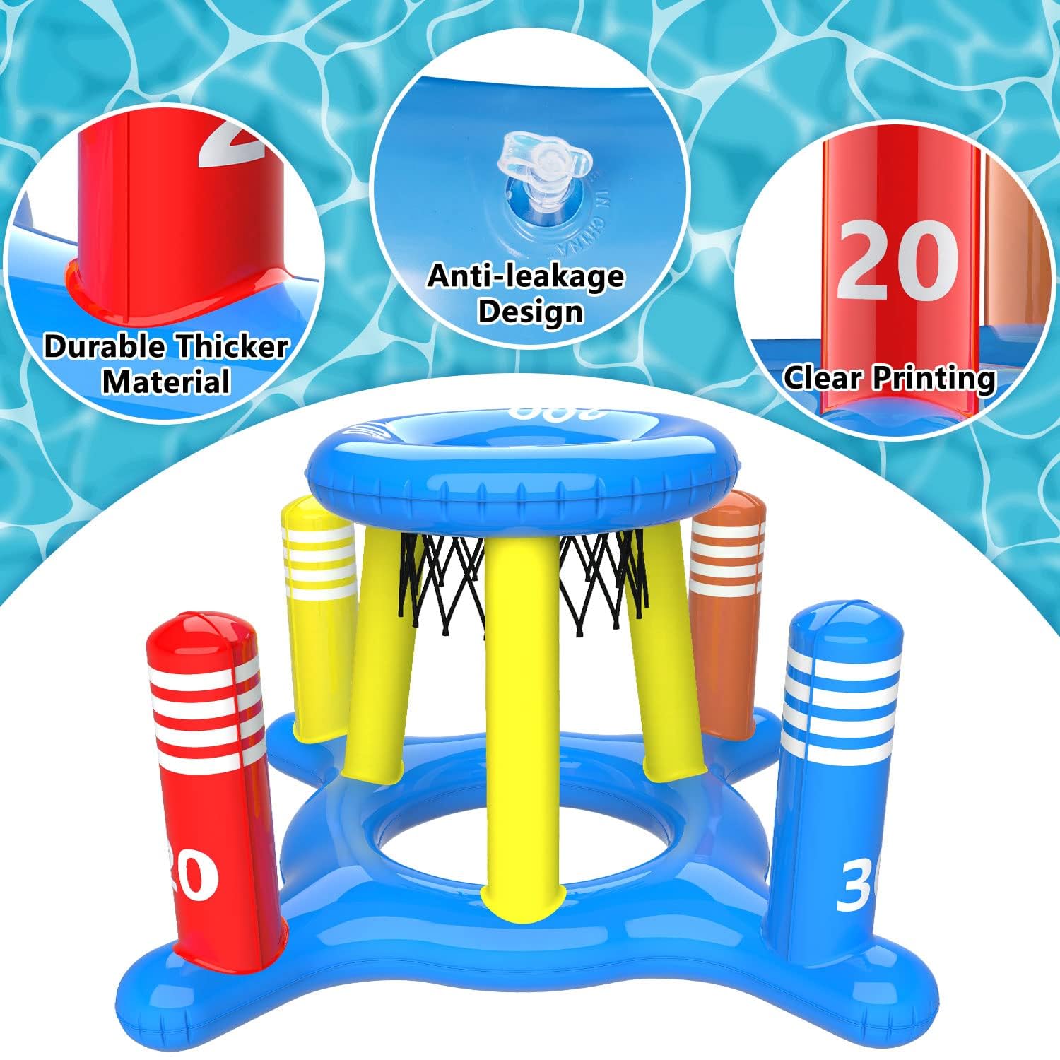 Jeux Piscine Gonflable 2 en 1, Panier de Basket Flottant et Lancer D'anneaux, Journée D'été Jeu Piscine de Fête en Extérieur pour Enfants Adultes, Bleu, PVC, 12 Pièces, 12 Count