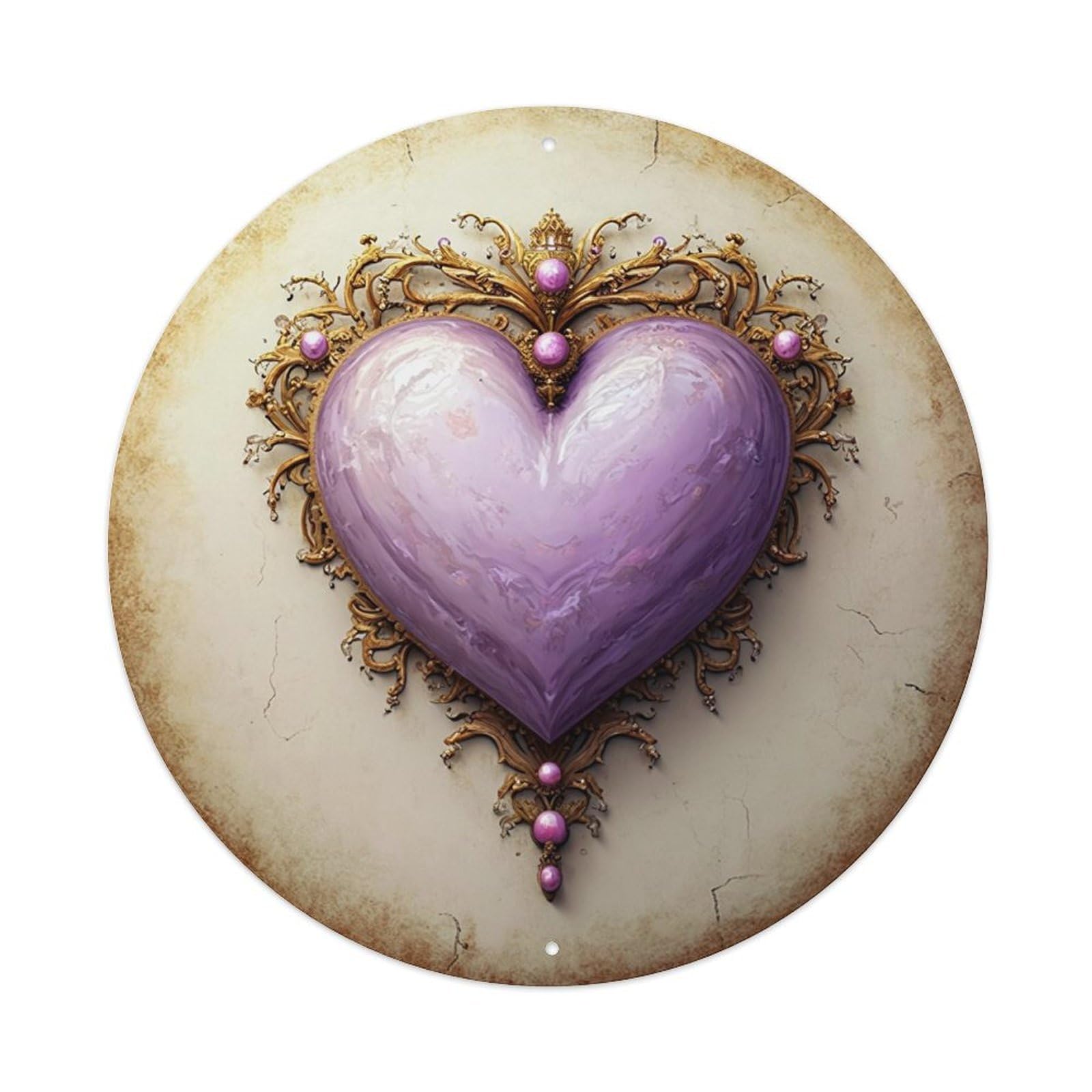 Purple Heart Ornate Gems Round Tin Sign Vintage Metal Sign Home Bar Garden Indoor & Outdoor Wall Decor Retro Metal Poster 8x8 Inch