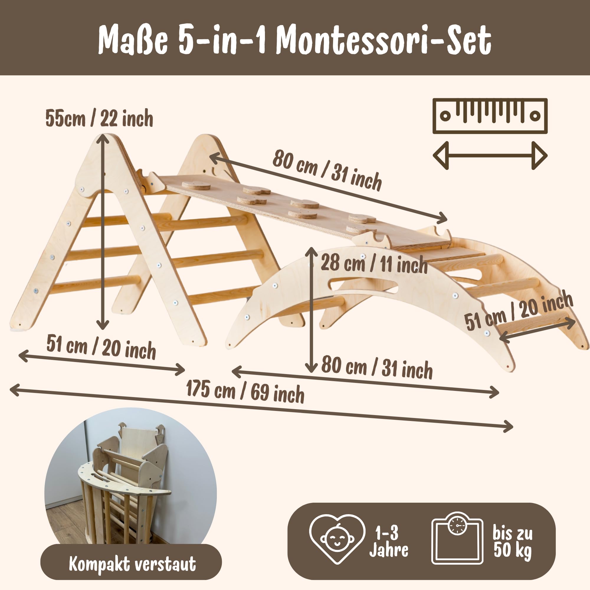 WoodsCraft Montessori Kletterset 5in1 Kletterdreieck Kletterbogen mit Kissen Rutsche Rampe Holz Klettergerüst Indoor Spielgeräte