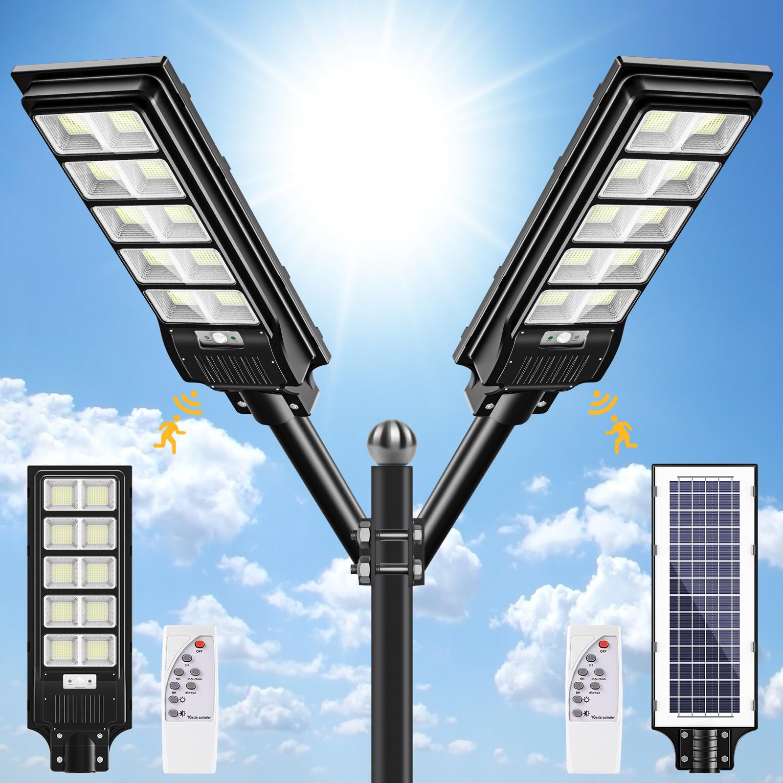 Lampadaire Solaire Extérieur Ofuray – 7000K, Détecteur De Mouvement – Éclairage Jardin, Cour, Allée (400‑800 Pieds²)