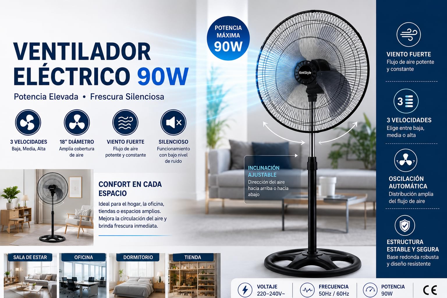 Ventilador de Pie de 18 Pulgadas, Potente Motor de 80W, Oscilación Amplia de 360°, 3 Velocidades, Altura de 125 cm, Ventilador de Suelo Silencioso para Hogar, Dormitorio y Oficina.