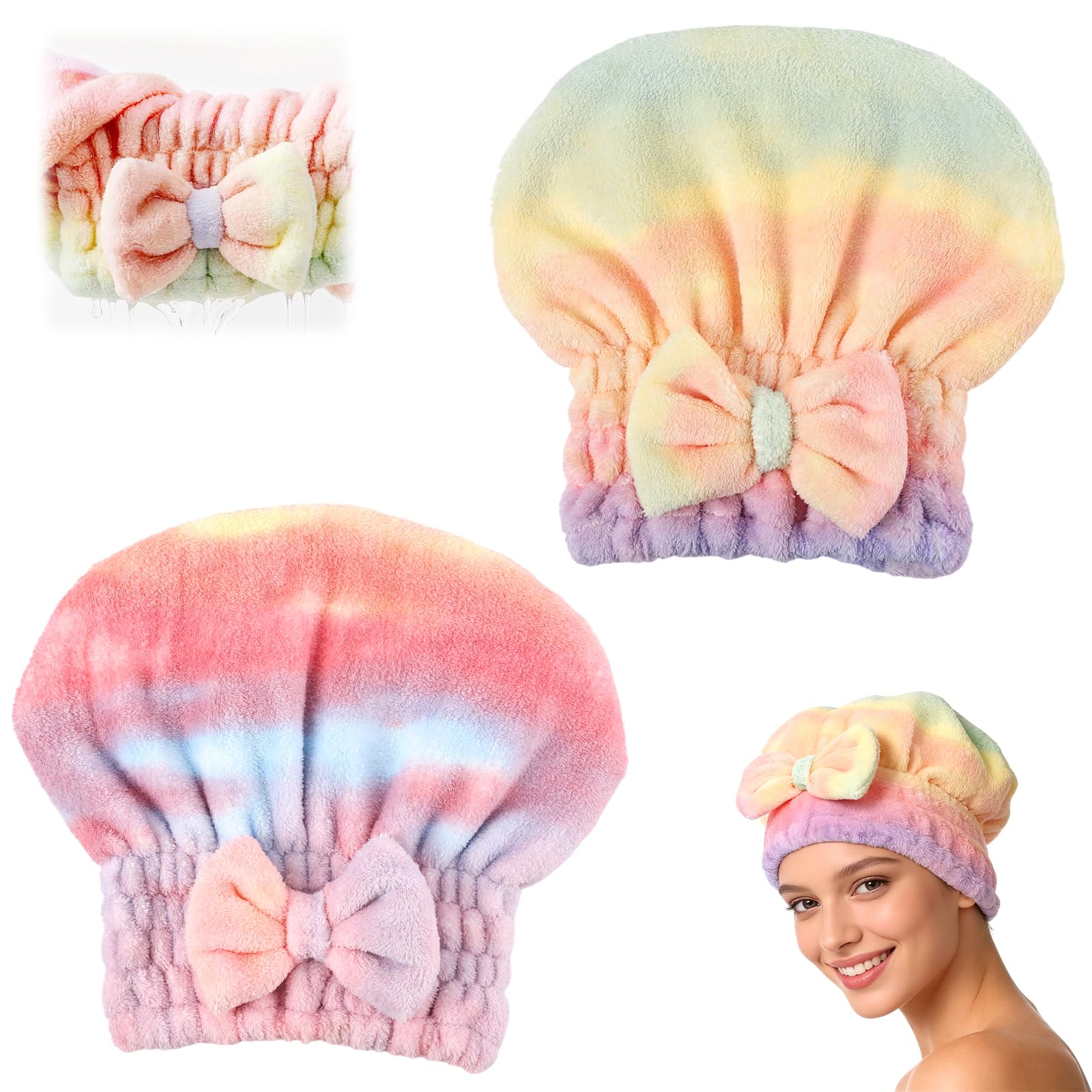 Photo 1 of 2-Pack Super Absorbent Hair Towel Wrap for Women, Quick-Drying Microfiber Hair Towel with Soft Bow, for Long, Short, Wet & Curly Hair