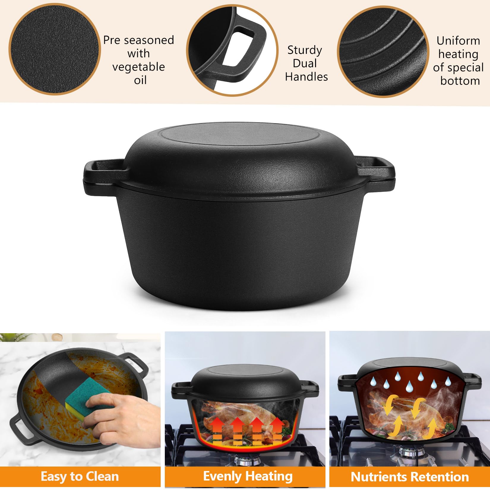 P&P CHEF Forno olandese in ghisa 2 in 1 con coperchio