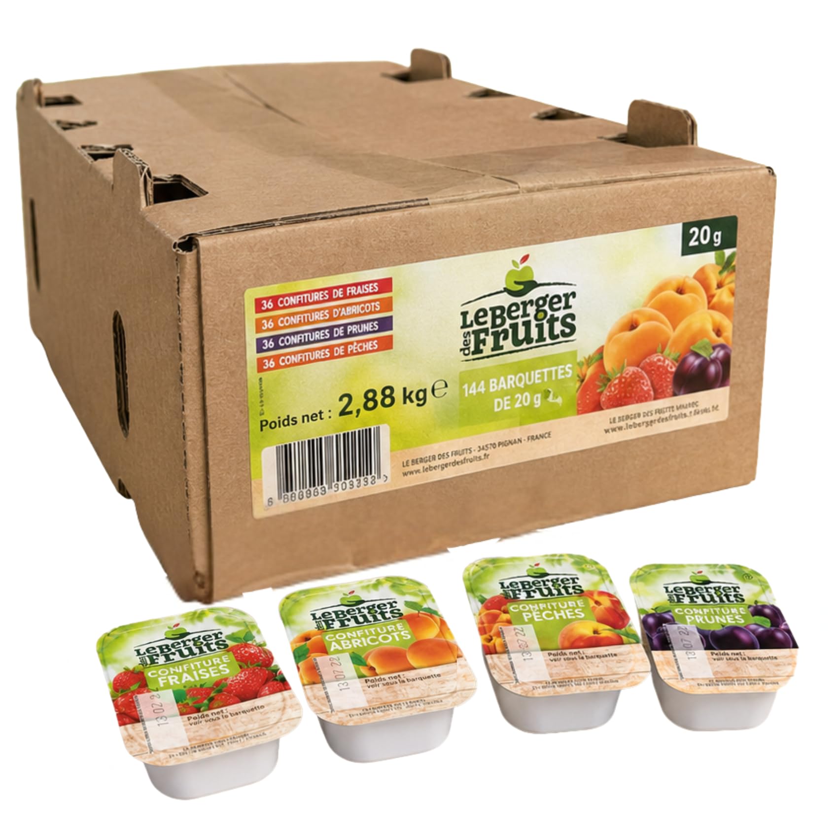 LE BERGER DES FRUITS | 144 barquettes de confiture assortie : prune, pêche, abricot et fraise | portions individuelles de 20 g pour varier les plaisirs au petit déjeuner et au goûter