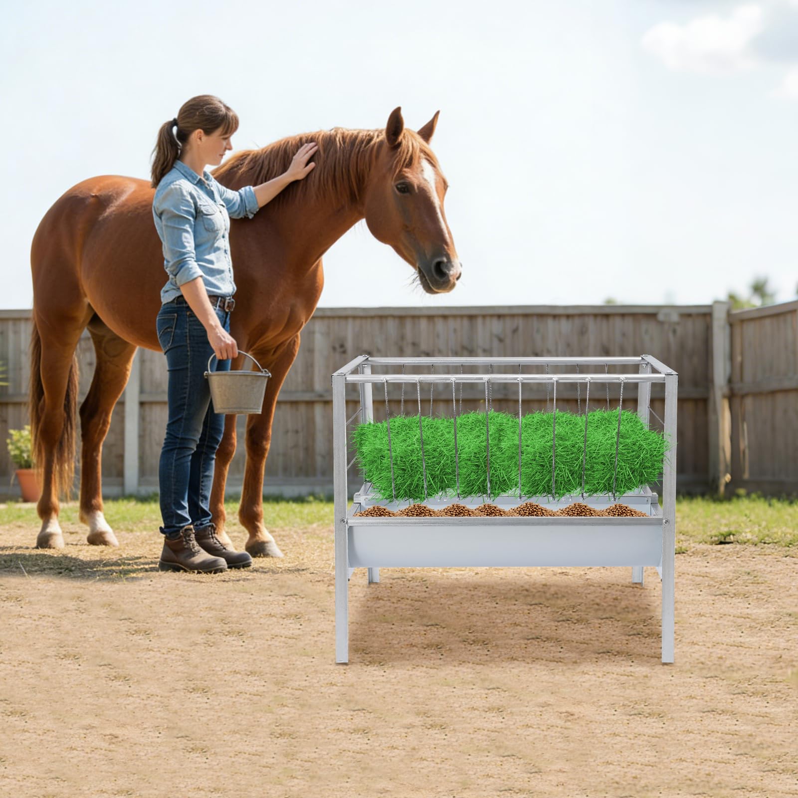 2 en 1 comedero para caballos, cabras y vacas, 100 x 66 x 85 cm | Comedero de acero independiente, 2 comederos profundos