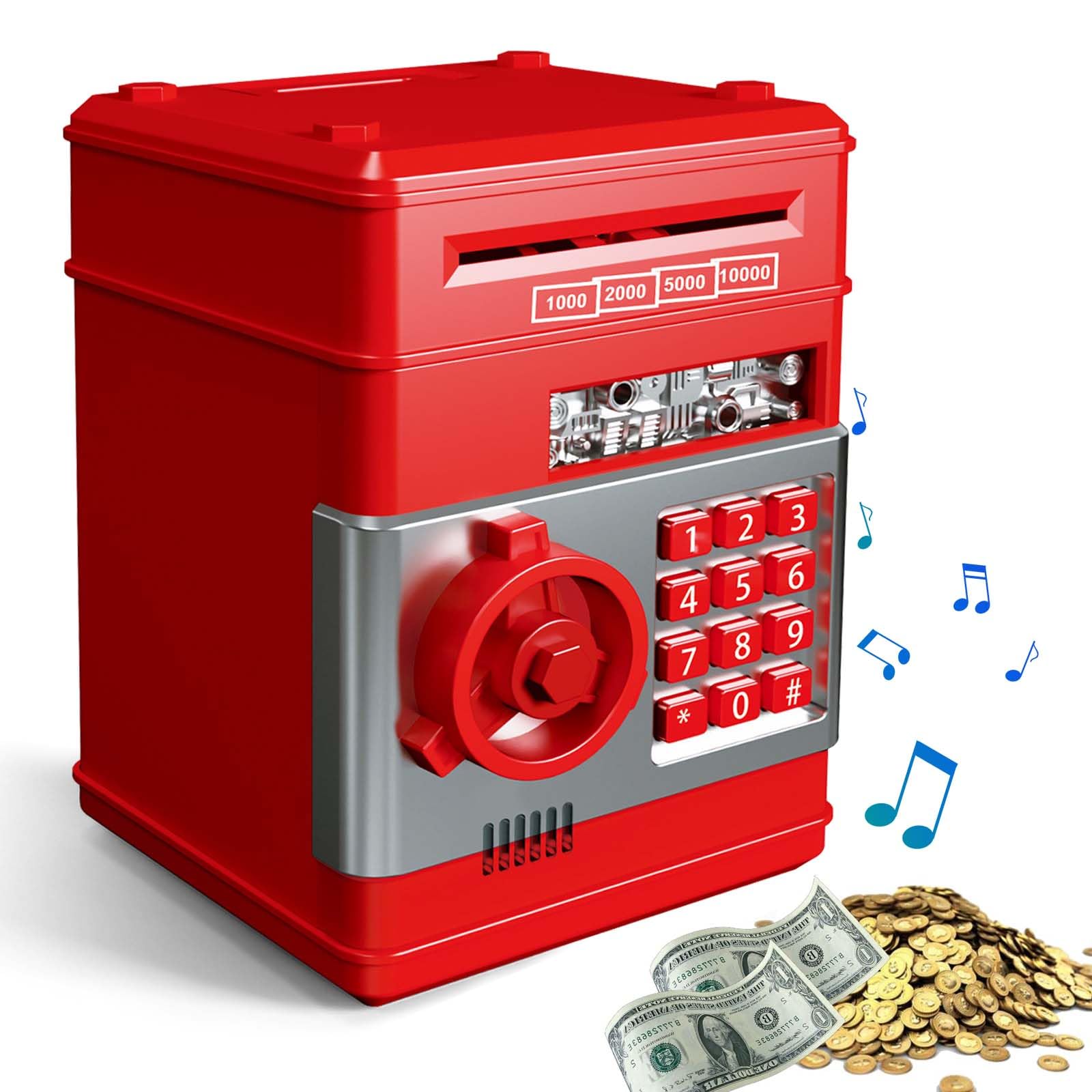 Spardose Für Kinder, ATM Sparschwein, Digitale Spardose Mit Passwort, Geldsparbox Mit Passwort Code Lock & Auto Money Scroll, ATM Sparschwein Kinder Für Münzen Scheine Geschenk (Rot)