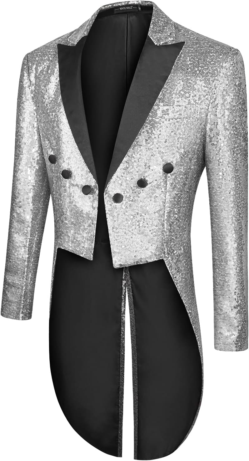 MAGE MALE Mens Sequin Tuxedo Jacket Tails Slim Fit Tailcoat Dress Coat Swallowtail Dinner Party Wedding Blazer Suit Jacket
