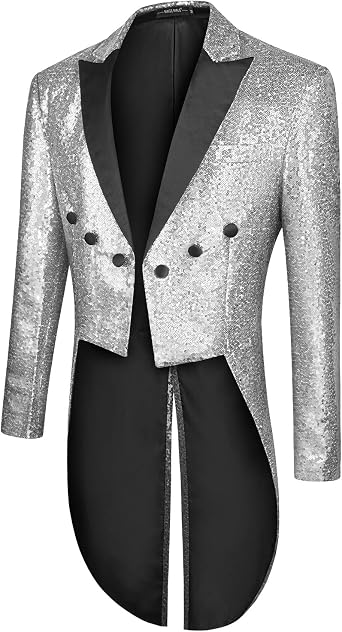 MAGE MALE Mens Sequin Tuxedo Jacket Tails Slim Fit Tailcoat Dress Coat Swallowtail Dinner Party Wedding Blazer Suit Jacket