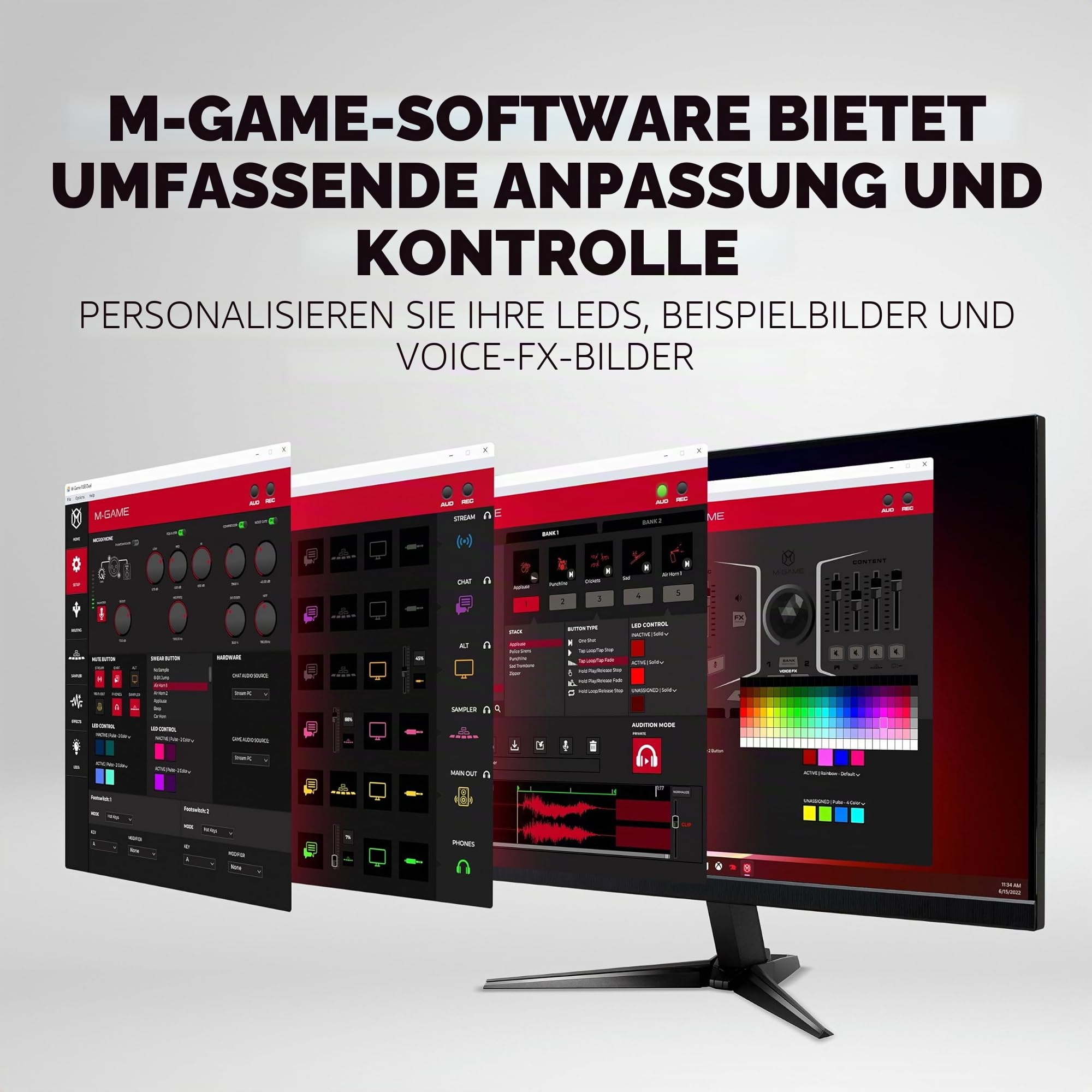 M-GAME RGB DUAL USB Audio Interface Mischpult für Streaming und Gaming mit XLR-Mikrofoneingang, optischem Eingang, Voice FX, RGB-Lichtern & Software