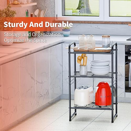 Miniatura 7 de wkokos Estantería de almacenamiento de acero de 3 niveles, organizador de acero, estante de alambre para el hogar, cocina, oficina, negro (11.8