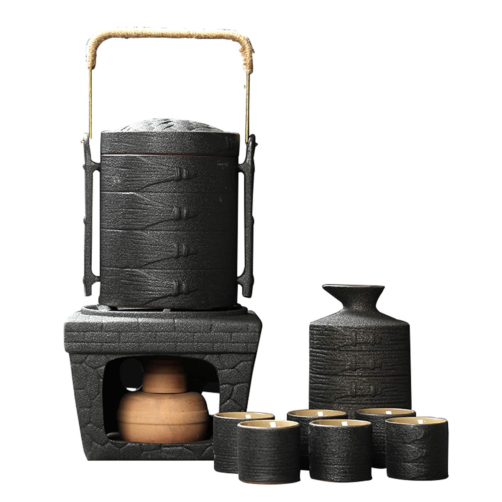 Nuovo Set da Sakè da 9 Pezzi, Set da Sakè in Ceramica Giapponese con Teiera E Fornello A Candela, per tè Freddo/Caldo/Shochu/tè, Il Miglior Regalo per Familiari E Amici, Nero, Stoviglie