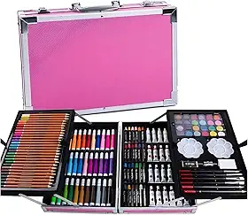 FINYQBET Kit de Desenho Profissional 145 Peças - Maleta Rosa em Alumínio, Kit de Aquarela Completo para Crianças, Iniciantes e Artistas - Presente Criativo para Escola, Casa e Viagens (Rosa)