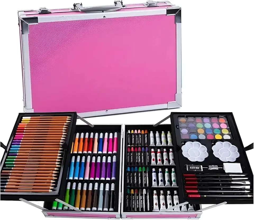 FINYQBET Kit de Desenho Profissional 145 Peças - Maleta Rosa em Alumínio, Kit de Aquarela Completo para Crianças, Iniciantes e Artistas - Presente Criativo para Escola, Casa e Viagens (Rosa)