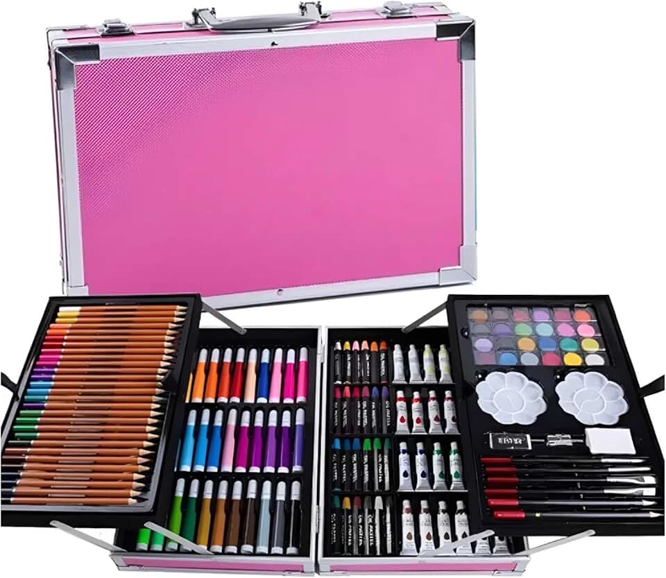 FINYQBET Kit de Desenho Profissional 145 Peças - Maleta Rosa em Alumínio, Kit de Aquarela Completo para Crianças, Iniciantes e Artistas - Presente Criativo para Escola, Casa e Viagens (Rosa)
