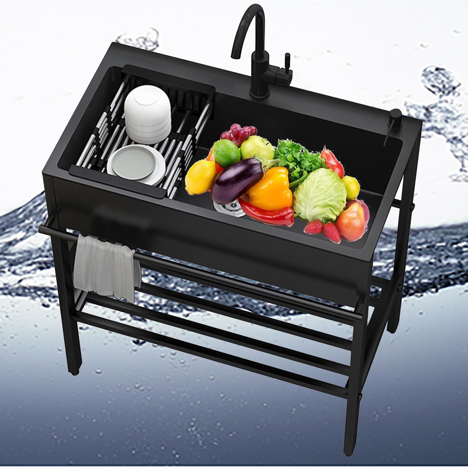 Lavello da Lavanderia in Acciaio Inox Nero - Lavello monovasca autoportante con Rubinetto per Acqua Calda e Fredda per Camera, Esterno, Giardino, Cucina, Stazione lavamani, Set con