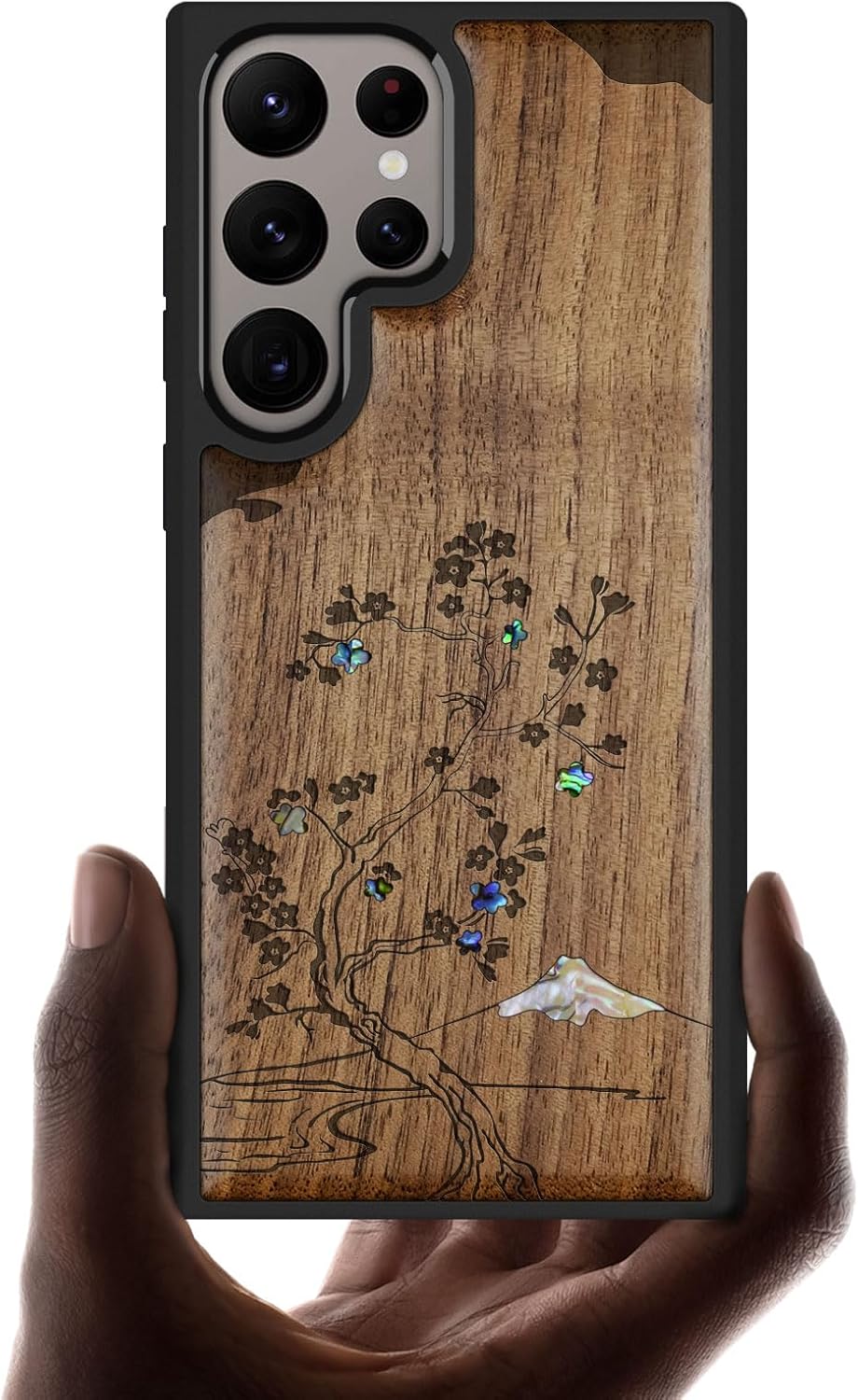 Carveit Designer Wooden Case for Samsung Galaxy S24 Ultra Case [Wood Engraving & Shell Inlay] Compatible with Wireless Chargers S24 Ultra Cover (Cherry Blossom-Walnut)