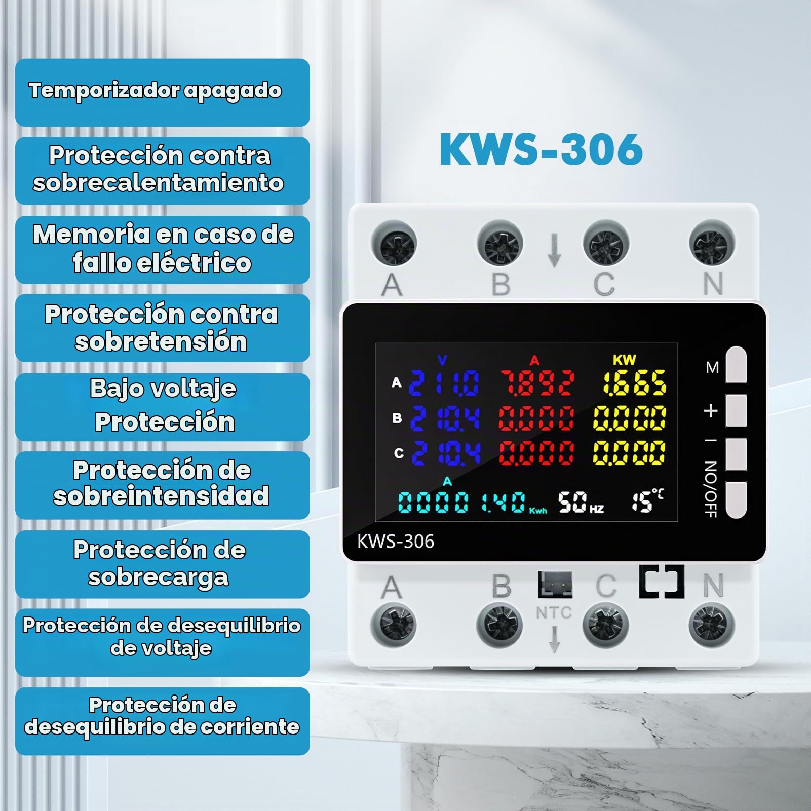 Medidor de Consumo Electrico Trifasico, 9 en 1 Medidor de Energía Digital Contador Electrico carril DIN con Memoria de apagado, Protección contra Sobretensión/Subtensión 85-290VAC 80A (Sin WiFi)